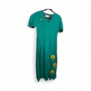 Chic Teal Midi Dress with Yellow Floral Details